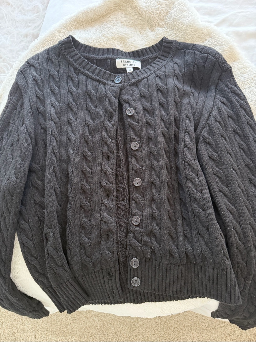 Frankie’s Bikinis Black Cable-Knit Button Cardigan Sweater